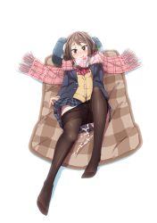 Rule 34 | 1girl, aftersex, black jacket, black pantyhose, blue skirt, blush, bow, bowtie, breasts, breath, brown eyes, brown hair, buttons, closed mouth, clothes pull, cum, cumdrip, earmuffs, female focus, full body, futon, happy, head tilt, highres, jacket, knee up, long hair, long sleeves, looking at viewer, lying, matching hair/eyes, miniskirt, nose blush, on back, open clothes, open jacket, original, panties, panties under pantyhose, panty pull, pantyhose, pantyhose pull, pillow, plaid, plaid scarf, plaid skirt, pleated skirt, pocket, red bow, red bowtie, red scarf, scarf, school uniform, see-through, shapoco, shiny clothes, sidelocks, simple background, skirt, small breasts, smile, solo, sweater, underwear, upskirt, white background, white panties, winter clothes, yellow sweater