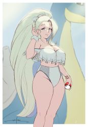 Rule 34 | 1girl, alternate costume, blush, border, breasts, cleavage, commentary, creatures (company), earrings, english commentary, eyelashes, game freak, gen 1 pokemon, grey eyes, highres, holding, holding poke ball, jewelry, knees, lapras, light blush, long hair, looking at viewer, mature female, melony (pokemon), multicolored hair, nintendo, parted lips, poke ball, poke ball (basic), pokemon, pokemon (creature), pokemon swsh, ponytail, signature, smile, streaked hair, swimsuit, unsfrau, very long hair, white border