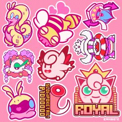 Rule 34 | angel wings, arrow (symbol), blush stickers, checkered background, clefable, closed mouth, combotron-robot, commentary, creatures (company), crown, dunsparce, english commentary, english text, florges, flower, game freak, gen 1 pokemon, gen 2 pokemon, gen 6 pokemon, goodra, goomy, green eyes, heart, highres, inkay, jigglypuff, nintendo, no humans, outline, pink background, pixel art, pokemon, pokemon (creature), simple background, slowking, smile, straight-on, white outline, white wings, wings, yellow headwear