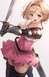 Rule 34 | 1girl, :d, blonde hair, blush, boots, brown eyes, brown footwear, collarbone, djeeta (granblue fantasy), enomoto hina, frilled shirt, frills, gauntlets, gradient background, granblue fantasy, grey background, high-waist skirt, highres, holding, holding sword, holding weapon, horns, leg up, looking at viewer, open mouth, outstretched arms, pink skirt, red horns, sheath, shirt, short hair, short sleeves, skirt, smile, solo, standing, standing on one leg, swept bangs, sword, thigh boots, thighhighs, unsheathed, v-shaped eyebrows, weapon, white shirt, zettai ryouiki