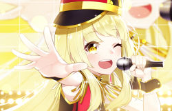 Rule 34 | 1girl, bang dream!, blonde hair, closed eyes, hat, hello happy world!, highres, long hair, microphone, one eye closed, open mouth, smile, solo, teeth, the cold, tsurumaki kokoro, upper body, upper teeth only, yellow eyes