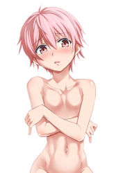 Rule 34 | 1girl, blush, character request, collarbone, crossed arms, female focus, funnyari, looking at viewer, navel, no nipples, nude, open mouth, pink eyes, pink hair, short hair, simple background, solo, toned, upper body, white background