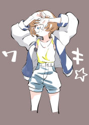 Rule 34 | 1girl, absurdres, armpits, arms up, blue eyes, blue jacket, blue shorts, brown background, brown hair, closed mouth, commentary, covering one eye, cowboy shot, cropped legs, expressionless, glasses, high-waist shorts, highres, ichinose minori, jacket, long sleeves, looking at viewer, open clothes, open jacket, partially colored, precure, round eyewear, shirt, shirt tucked in, short hair, shorts, simple background, sleeveless, sleeveless shirt, solo, star (symbol), tankobukids, translation request, tropical-rouge! precure, white sleeves, yellow shirt