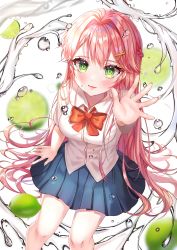 Rule 34 | 1girl, absurdres, aina 156cm, blue skirt, bow, food, fruit, green eyes, hair ornament, highres, huge filesize, lime (fruit), long hair, original, outstretched hand, pink hair, pleated skirt, red bow, school uniform, shirt, short sleeves, skirt, water, water drop, white shirt, x hair ornament