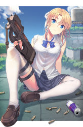 Rule 34 | 1girl, arm behind back, black bra, blonde girl (itou), blonde hair, blue bow, blue bowtie, blue eyes, blue sky, bow, bowtie, bra, brown footwear, bullpup, can, closed mouth, cloud, cloudy sky, drink can, fn 5.7x28mm, full body, gun, hair bow, highres, holding, holding gun, holding weapon, itou (onsoku tassha), letterboxed, looking at viewer, on floor, original, outdoors, outside border, p90, pdw cartridge, personal defense weapon, pistol cartridge, school uniform, see-through, see-through shirt, shell casing, shirt, short sleeves, sitting, sky, soda can, solo, submachine gun, thigh strap, thighhighs, tile floor, tiles, underwear, weapon, white shirt, white thighhighs