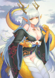 Rule 34 | 1girl, absurdres, animal hands, bare shoulders, blunt bangs, body jewelry, breasts, claws, cleavage, cloud, covered erect nipples, dragon, dragon girl, dusttodusk, eastern dragon, fins, gem, head fins, highres, holding, horns, japanese clothes, jewelry, large breasts, long hair, looking at viewer, magatama, monster girl, monster girl encyclopedia, off shoulder, orb, pussy, ryuu (monster girl encyclopedia), sash, scales, sky, smile, solo, very long hair, white hair, wide sleeves, yellow eyes