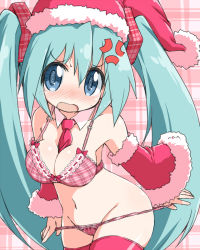 Rule 34 | 1girl, anger vein, aqua hair, between breasts, blue eyes, blush, bow, bra, breasts, cleavage, detached collar, detached sleeves, frilled bra, frills, green hair, hat, hatsune miku, large breasts, lingerie, long hair, looking at viewer, naitou kouse, navel, necktie, panties, pantyhose, pink bra, pink panties, pink thighhighs, plaid, plaid background, plaid bra, plaid panties, santa hat, solo, thighhighs, twintails, underwear, underwear only, very long hair, vocaloid, wavy mouth