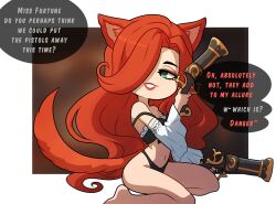 Rule 34 | 1girl, animal ears, bare shoulders, bikini, black bikini, breasts, cat ears, cat girl, cat tail, cleavage, detached sleeves, dual wielding, english text, freckles, from side, green eyes, grin, gun, handgun, holding, holding gun, holding weapon, kinkymation, league of legends, long hair, medium breasts, miss fortune (league of legends), navel, red hair, sitting, smile, solo, speech bubble, swimsuit, tail, teeth, wariza, weapon, white background, white sleeves