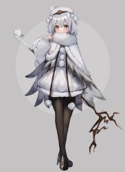Rule 34 | 1girl, animal, beret, bird, black footwear, black pantyhose, blush, capelet, closed mouth, commentary request, copyright request, crossed ankles, dress, full body, fur-trimmed capelet, fur trim, grey background, grey eyes, grey hair, hair between eyes, hand up, hat, high heels, highres, holding, loafers, long-tailed tit, long sleeves, looking at viewer, moti yousei, multicolored hair, pantyhose, puffy long sleeves, puffy sleeves, shoes, sleeves past wrists, smile, solo, standing, tit (bird), two-tone hair, white capelet, white dress, white hat