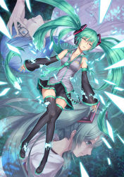 Rule 34 | 1boy, 1girl, bare shoulders, crying, disintegration, fading, falling, glasses, green eyes, green hair, hatsune miku, kaito (vocaloid), long hair, nidy, tears, thighhighs, twintails, very long hair, vocaloid