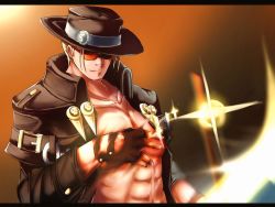 Rule 34 | 1boy, abs, bad id, bad twitter id, blonde hair, coin, fingerless gloves, gloves, gradient background, guilty gear, hat, high collar, jacket, johnny (guilty gear), letterboxed, male focus, motion blur, nose, otsumami (otsu-mugi), solo, sunglasses, topless male
