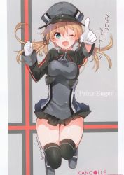 Rule 34 | 1girl, ;d, absurdres, aqua eyes, black thighhighs, blonde hair, blush, breasts, character name, gloves, hat, highres, kantai collection, low twintails, medium breasts, microskirt, mishima kurone, one eye closed, open mouth, peaked cap, pointing, pointing at viewer, prinz eugen (kancolle), scan, simple background, skirt, smile, solo, thigh gap, thighhighs, twintails, white gloves