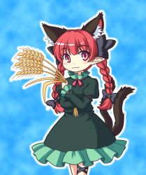 Rule 34 | 1girl, :3, animal ears, braid, cat ears, cat tail, dress, frilled dress, frills, isaki (gomi), kaenbyou rin, long hair, long sleeves, multiple tails, red eyes, red hair, tail, touhou, twin braids, wheat