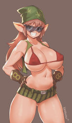 Rule 34 | &gt;:d, 1girl, :d, artist name, bare shoulders, bikini, bikini top only, blush, breasts, brown gloves, brown hair, character request, cleavage, collarbone, commentary, cowboy shot, dark-skinned female, dark skin, elbow gloves, gloves, gluteal fold, green bandanna, green hat, green shorts, green vest, grey background, grin, hands on own hips, hat, heart, highres, huge breasts, journey to the west, legs apart, long hair, looking at viewer, navel, nestkeeper, open clothes, open mouth, open vest, pointy ears, red bikini, short shorts, shorts, simple background, sleeveless, smile, solo, standing, stomach, striped clothes, striped shorts, sunglasses, swimsuit, teeth, thighs, tinted eyewear, underboob, v-shaped eyebrows, vertical-striped clothes, vertical-striped shorts, very long hair, vest, visor