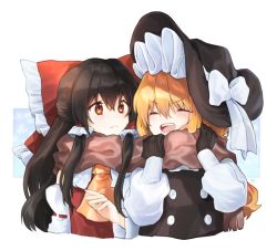 Rule 34 | 2girls, :d, ^ ^, ascot, bad id, bad pixiv id, black gloves, black hair, black headwear, blonde hair, blush, bow, brown eyes, brown scarf, cheunes, closed eyes, commentary request, cropped torso, detached sleeves, frilled bow, frills, gloves, hair between eyes, hair bow, hair tubes, hakurei reimu, hands up, hat, hat bow, kirisame marisa, long hair, long sleeves, looking at another, multiple girls, open mouth, puffy sleeves, red bow, scarf, shared clothes, shared scarf, sidelocks, smile, touhou, upper body, very long hair, white background, white bow, witch hat, yellow ascot