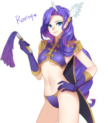 Rule 34 | 1girl, artist name, blue eyes, blue hair, breasts, character name, cleavage, cropped jacket, curly hair, drill hair, epaulettes, feather hair ornament, feathers, gloves, gradient hair, hair ornament, hand on own hip, horns, long hair, looking at viewer, medium breasts, momori, multicolored hair, my little pony, my little pony: friendship is magic, navel, no bra, panties, personification, purple gloves, purple hair, purple panties, rarity (my little pony), single horn, smile, solo, tailcoat, underboob, underwear, unfinished, very long hair, white background