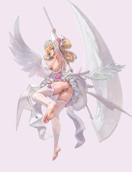 Rule 34 | 1girl, absurdres, angel wings, arm up, armpits, ass, back, bare shoulders, barefoot, blonde hair, blue eyes, breasts, bridal gauntlets, curly hair, dress, elbow gloves, feet, flower, frills, full body, garter straps, gloves, hair flower, hair ornament, hand up, highres, holding, holding weapon, huge weapon, large breasts, long hair, looking at viewer, looking back, muloli, no shoes, open mouth, original, panties, partially fingerless gloves, rose, scythe, shoulder blades, sideboob, simple background, smile, solo, thighhighs, toeless legwear, twintails, underwear, weapon, white dress, white panties, white thighhighs, wings