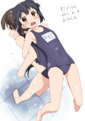 Rule 34 | 2011, 2girls, assisted stretching, back-to-back, barefoot, black hair, blush, brown eyes, carrying, covered navel, dated, errant, flat chest, grin, k-on!, lifting person, locked arms, long hair, multiple girls, nakano azusa, name tag, one-piece swimsuit, school swimsuit, smile, stretching, suzuki jun, swimsuit, twintails