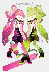 Rule 34 | 2girls, callie (splatoon), callie (splatoon) (cosplay), commentary, copyright name, cosplay, dress, fangs, food, food on head, gloves, green legwear, green shirt, grey background, highres, holding, holding weapon, inkling, inkling girl, inkling player character, long hair, looking at viewer, marie (splatoon), marie (splatoon) (cosplay), multiple girls, nintendo, object on head, open mouth, oversized object, paint roller, pantyhose, pink legwear, pointy ears, shirt, shoes, short dress, short jumpsuit, splat roller (splatoon), splatoon (series), splatoon 1, splattershot (splatoon), standing, strapless, strapless dress, strawberry natto, super soaker, tentacle hair, weapon, white gloves