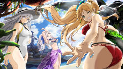 Rule 34 | 3girls, absurdres, alternate costume, ass, azur lane, bare arms, bare legs, beach, bikini, blonde hair, blue eyes, blue ribbon, blue sky, blush, breasts, cleavage, closed eyes, closed mouth, cloud, day, earrings, engine, enterprise (azur lane), eyewear on head, floatation devices, floating hair, flower, green eyes, hair between eyes, hair ribbon, hat, highres, holding, holding swim ring, hornet (azur lane), innertube, jewelry, large breasts, leaf, long hair, looking at viewer, mi mi ham, moss, multiple girls, nail polish, navel, o-ring, one-piece swimsuit, one eye closed, open mouth, outdoors, parted lips, purple eyes, reaching, reaching towards viewer, red bikini, ribbon, rose, sarong, ship, silver hair, sky, smile, stomach, stretching, sun hat, sunglasses, swim ring, swimsuit, thighs, twintails, very long hair, watercraft, white bikini, white one-piece swimsuit, yorktown (azur lane)