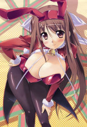 Rule 34 | 1girl, absurdres, animal ears, bell, blush, breasts, brown hair, rabbit ears, playboy bunny, character request, cleavage, covered erect nipples, fake animal ears, hand on own hip, highres, hip focus, large breasts, leaning forward, long hair, long sleeves, pantyhose, red eyes, shinozuka atsuto, smile, solo