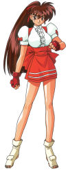 Rule 34 | 1girl, brown eyes, brown hair, clenched hands, fingerless gloves, full body, gloves, hair ribbon, high ponytail, highres, kimura takahiro, light smile, long hair, looking at viewer, non-web source, official art, puffy sleeves, ribbon, short sleeves, simple background, skirt, solo, standing, takeuchi yuka, toeless footwear, underbust, variable geo, white background