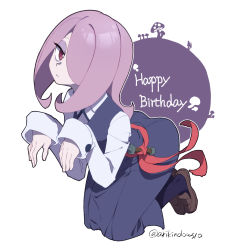 Rule 34 | 1girl, arikindows10, artist name, ass, blush, closed mouth, hair over one eye, happy birthday, hat, little witch academia, long hair, looking at viewer, luna nova school uniform, outstretched arms, purple eyes, purple hair, school uniform, simple background, solo, sucy manbavaran, witch, witch hat, zombie pose