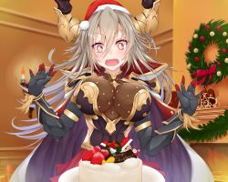 Rule 34 | 10s, 1girl, armor, blush, breasts, cake, cape, christmas, christmas wreath, draph, drooling, elbow gloves, food, fruit, gloves, granblue fantasy, grey hair, hair between eyes, hat, horns, indoors, keke-san, large breasts, long hair, merry christmas, open mouth, red eyes, santa hat, shoulder armor, solo, star-shaped pupils, star (symbol), strawberry, symbol-shaped pupils, threo (granblue fantasy), wreath