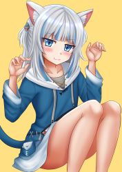 Rule 34 | 1girl, :3, animal ears, blue eyes, blue hair, blue hoodie, blush, cat ears, cat girl, cat tail, closed mouth, collarbone, commentary, drawstring, english commentary, feet out of frame, gawr gura, gawr gura (1st costume), hair ornament, hands up, highres, hololive, hololive english, hood, hood down, hoodie, kazenokaze, kemonomimi mode, knees up, looking at viewer, multicolored hair, silver hair, simple background, sitting, solo, streaked hair, tail, two side up, virtual youtuber, yellow background