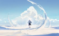 Rule 34 | 1girl, aqua-, blue coat, blue sky, blue theme, cloud, coat, commentary, day, facing away, from behind, grey hair, highres, long hair, original, scenery, sky, solo, standing, sunlight, wide shot