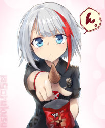 Rule 34 | 1girl, admiral graf spee (azur lane), admiral graf spee (girl&#039;s sunday) (azur lane), admiral graf spee (girl&#039;s sunday) (azur lane), azur lane, blue eyes, blush, bugles, bugles (food), bugles on fingers, cheese (cheese koubou), commentary request, food on hand, highres, looking at viewer, multicolored hair, necktie, red hair, red necktie, short hair, short sleeves, sidelocks, silver hair, solo, streaked hair