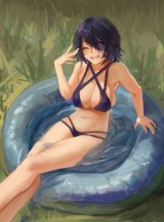 Rule 34 | 1girl, bikini, breasts, cleavage, eyepatch, closed eyes, facing viewer, feet out of frame, grass, halterneck, hand up, highres, kantai collection, large breasts, navel, no headgear, noccu, one eye covered, outdoors, purple bikini, purple hair, sharp teeth, short hair, sitting, smile, solo, swimsuit, teeth, tenryuu (kancolle), wading pool, water