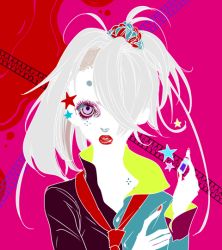 Rule 34 | 1girl, artist request, bad id, bad pixiv id, collarbone, hair over one eye, lips, lipstick, long sleeves, looking at viewer, makeup, necktie, original, phoebe andersen, pink background, side ponytail, simple background, solo