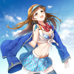 Rule 34 | 1girl, :d, blue ribbon, blue skirt, blue thighhighs, bow, bowtie, breasts, brown eyes, brown hair, cleavage, cowboy shot, floating hair, groin, idolmaster, idolmaster cinderella girls, long hair, long sleeves, medium breasts, microphone, midriff, mikapoe, miniskirt, navel, nitta minami, open mouth, pleated skirt, red bow, ribbon, shirt, skirt, smile, solo, standing, stomach, thighhighs, tied shirt, very long hair, visor cap, zettai ryouiki