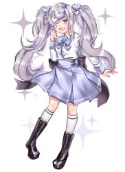 Rule 34 | 1girl, :d, bad id, bad pixiv id, black footwear, blue bow, blue eyes, blue skirt, blush, bow, commission, fang, full body, grey hair, grey theme, hair ornament, hair over one eye, heart, heart hair ornament, kneehighs, long sleeves, looking at viewer, open mouth, pleated skirt, ronpu cooing, shirt tucked in, simple background, skirt, smile, socks, solo, standing, twintails, white background, white socks