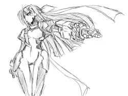 Rule 34 | 00s, 1girl, arm at side, bodysuit, floating hair, gauntlets, ginga nakajima, greyscale, long hair, lyrical nanoha, mahou shoujo lyrical nanoha, mahou shoujo lyrical nanoha strikers, monochrome, outstretched arm, revolver knuckle, sketch, skin tight, solo, standing, thigh gap, uka, very long hair, wide hips, wind