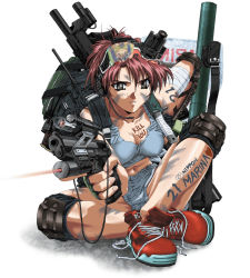 Rule 34 | 1girl, artist request, assault rifle, backpack, bag, bodypaint, boxers, breasts, bullet, cleavage, elbow pads, female focus, fingerless gloves, flashlight, full body, gloves, goggles, grey eyes, gun, handgun, headphones, headset, holding, holding gun, holding weapon, knee pads, knife, laces, laser, laser pointer projection, laser sight, m1 bazooka, male underwear, medium breasts, midriff, no socks, p99, pistol, radio, randoseru, red hair, rifle, rocket launcher, semi-automatic firearm, shirt, shoes, short hair, simple background, sitting, sneakers, solo, source request, tacticool, tank top, tied shirt, trigger discipline, underwear, vertical forward grip, weapon
