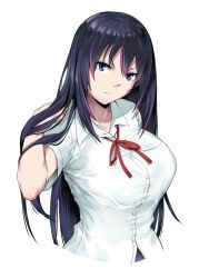 Rule 34 | 1girl, bakkanki, black hair, blue eyes, breasts, character request, collared shirt, copyright request, dress shirt, frown, hair flip, highres, large breasts, long hair, looking at viewer, multicolored hair, pink hair, red ribbon, ribbon, serious, shirt, short sleeves, simple background, solo, streaked hair, upper body, v-shaped eyebrows, very long hair, white background, white shirt