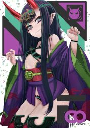 1girl b.d bare_shoulders breasts eyeliner fate/grand_order fate_(series) headpiece highres horns japanese_clothes kimono long_hair long_sleeves looking_at_viewer makeup obi off_shoulder oni purple_eyes purple_hair purple_kimono revealing_clothes sash short_kimono shuten_douji_(fate) skin-covered_horns small_breasts smile solo wide_sleeves