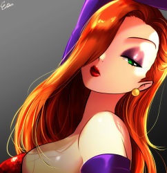 Rule 34 | 1girl, aqua eyes, bare shoulders, breasts, disney, earrings, elbow gloves, esther shen, gloves, hair over one eye, highres, jessica rabbit, jewelry, large breasts, lips, lipstick, long hair, looking at viewer, makeup, orange hair, parted lips, purple gloves, red lips, who framed roger rabbit