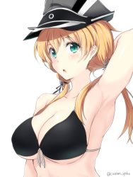 Rule 34 | 10s, 1girl, :o, arm behind head, armpits, bare shoulders, bikini, black bikini, blonde hair, blush, breasts, collarbone, female focus, front-tie bikini top, front-tie top, gin&#039;ichi (akacia), hair ornament, hat, kantai collection, large breasts, long hair, looking at viewer, low twintails, neck, open mouth, orange hair, peaked cap, prinz eugen (kancolle), solo, swimsuit, twintails, twitter username, underboob, upper body