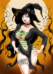 Rule 34 | 1girl, black choker, black dress, black hair, black hat, breasts, choker, cleavage, cowboy shot, cross-laced clothes, dress, green eyes, halloween, halloween costume, hands on own hips, hat, kim possible (series), kugayama cannon, large breasts, long hair, looking at viewer, moon, nail polish, navel, orange sky, parted lips, red nails, shego, side slit, sky, smile, solo, very long hair, witch hat