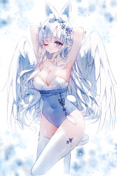 Rule 34 | 1girl, animal ear fluff, animal ears, armpits, arms behind head, arms up, bare arms, bare shoulders, blue flower, blue leotard, blurry, blurry background, breasts, cleavage, collarbone, commentary, covered navel, depth of field, english commentary, feathered wings, flower, grey eyes, hair flower, hair ornament, hanbok, highres, korean clothes, leotard, long hair, looking at viewer, medium breasts, one eye closed, original, parted lips, snowflakes, solo, stool, tandohark, thighhighs, very long hair, white flower, white hair, white thighhighs, white wings, wings