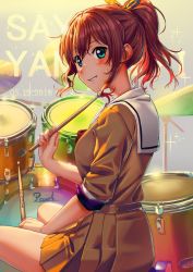 Rule 34 | 1girl, aqua eyes, artist name, bang dream!, between legs, blush, brown dress, brown hair, character name, commentary request, dated, dress, drum, drum set, drumsticks, grin, hair ribbon, hand between legs, holding, instrument, looking back, nail polish, pleated dress, poligon (046), ponytail, red nails, red neckwear, ribbon, sailor dress, school uniform, sidelocks, sitting, smile, solo, sparkle, yamabuki saya