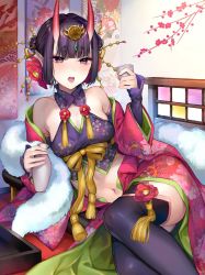 Rule 34 | 1girl, bare shoulders, black thighhighs, blush, bottle, branch, breasts, camellia, cherry blossoms, choko (cup), collarbone, cup, double bun, eyeliner, fate/grand order, fate (series), feather boa, flower, hair bun, hair flower, hair ornament, hanging scroll, headpiece, holding, holding bottle, holding cup, horns, japanese clothes, kaguyuzu, kimono, lolita fashion, long sleeves, looking at viewer, makeup, midriff, navel, off shoulder, oni, open clothes, open kimono, open mouth, pink kimono, pointy ears, purple eyes, purple hair, reclining, sake bottle, scroll, short eyebrows, short hair, shuten douji (fate), skin-covered horns, small breasts, solo, stole, thighhighs, tokkuri, wa lolita, wide sleeves