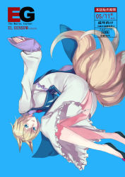 Rule 34 | 1girl, animal ears, ass, blonde hair, blue background, blue eyes, colored eyelashes, cover, cover page, dress, fakepucco, flower, fox ears, fox tail, frills, lips, long sleeves, looking at viewer, multiple tails, no headwear, parted lips, short hair, simple background, smile, solo, tabard, tail, text focus, touhou, upside-down, white dress, wide sleeves, yakumo ran