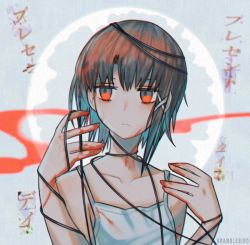 Rule 34 | 1girl, asymmetrical bangs, asymmetrical hair, blood, blood on clothes, blood on face, blood stain, brown hair, colored eyelashes, entangled, expressionless, iwakura lain, kky, nightgown, orange eyes, serial experiments lain, short hair, solo, upper body