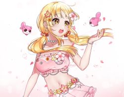 Rule 34 | 10s, 1girl, :o, bang dream!, bare shoulders, blonde hair, breasts, brown eyes, chyoling, collarbone, commentary, crop top, fish, flower, hair flower, hair ornament, halterneck, heart, long hair, looking away, looking to the side, low twintails, medium breasts, open mouth, orange flower, petals, pink flower, pink skirt, pleated skirt, red flower, round teeth, skirt, solo, symbol-only commentary, teeth, tsurumaki kokoro, twintails, twitter username, upper teeth only, very long hair, water drop, white background