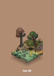 Rule 34 | absurdres, arms up, basket, bird, brown background, carrying overhead, commentary request, diorama, fish, gozz, highres, holding, holding basket, isometric, original, plant roots, shore, tree