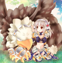 Rule 34 | 1girl, apron, armor, armored boots, bikini armor, blue cape, boots, breasts, cape, cleavage, commentary request, cross, faulds, full body, grass, grey hair, griffin, gryphon (ragnarok online), hairband, heart, leg armor, long hair, medium breasts, midriff, momozakura nanao, navel, open mouth, pauldrons, petting, ponytail, ragnarok online, red eyes, royal guard (ragnarok online), seiza, shoulder armor, sitting, smile, thighhighs, waist apron, white hairband